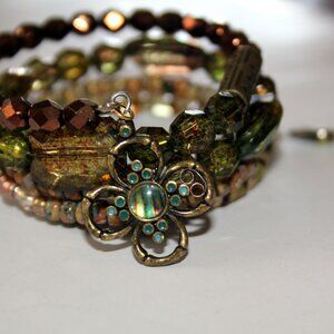 Green Vintage Tiger Striped Bead and Picasso Czech Bead Wire Wrap Cuff Bracelet